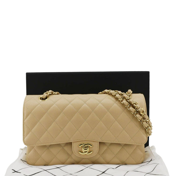 CHANEL Double Flap Medium Quilted Caviar Leather Shoulder Bag Cream