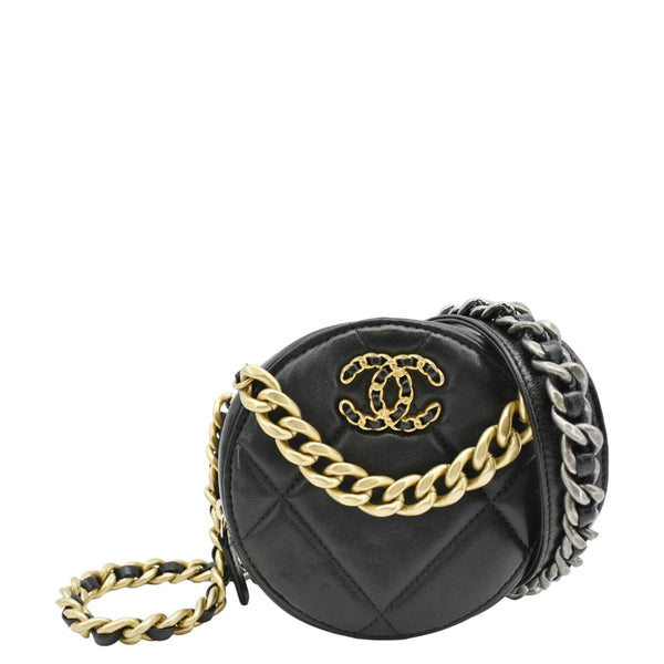 CHANEL 19 Round Quilted Leather Clutch Crossbody Bag Black front look