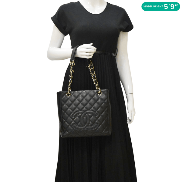 CHANEL Petite Quilted Caviar Leather Shopping Tote Shoulder Bag Black