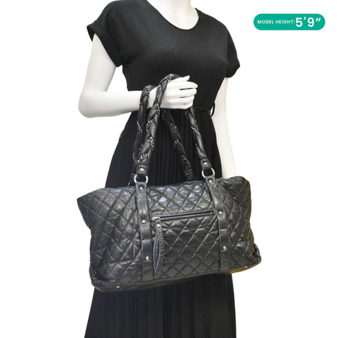 CHANEL Distressed Vintage Ligne Braid Calfskin Leather Tote Bag Black