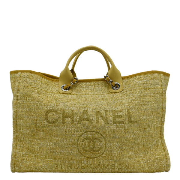 CHANEL Deauville Tweed Canvas Shopping Tote Shoulder Bag Yellow front side