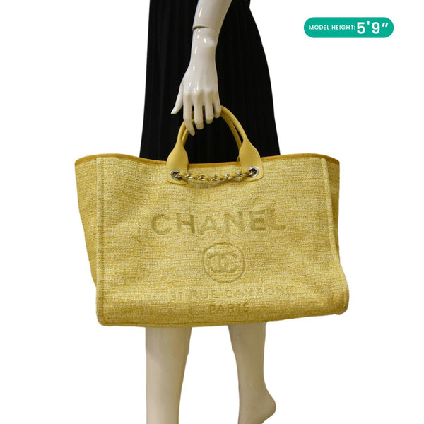 CHANEL Deauville Tweed Canvas Shopping Tote Shoulder Bag Yellow dummy look