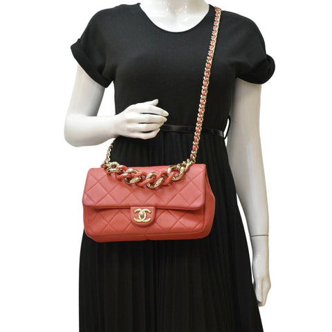 CHANEL Resin Chain Flap Lambskin Quilted Leather Shoulder Bag Red