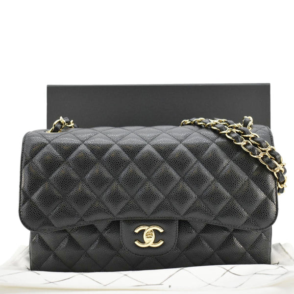 CHANEL Classic Jumbo Double Flap Quilted Caviar Leather Shoulder Bag Black