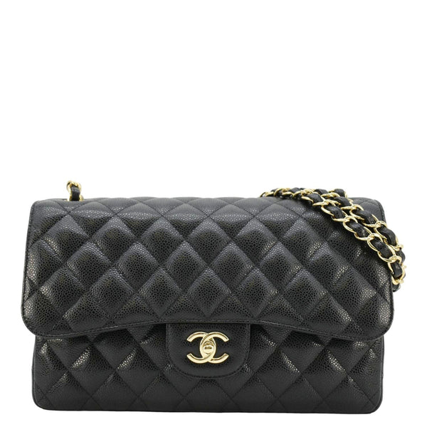 CHANEL Classic Jumbo Double Flap Quilted Caviar Leather Shoulder Bag Black