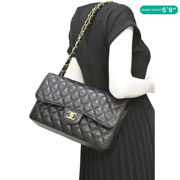 CHANEL Classic Jumbo Double Flap Quilted Caviar Leather Shoulder Bag Black