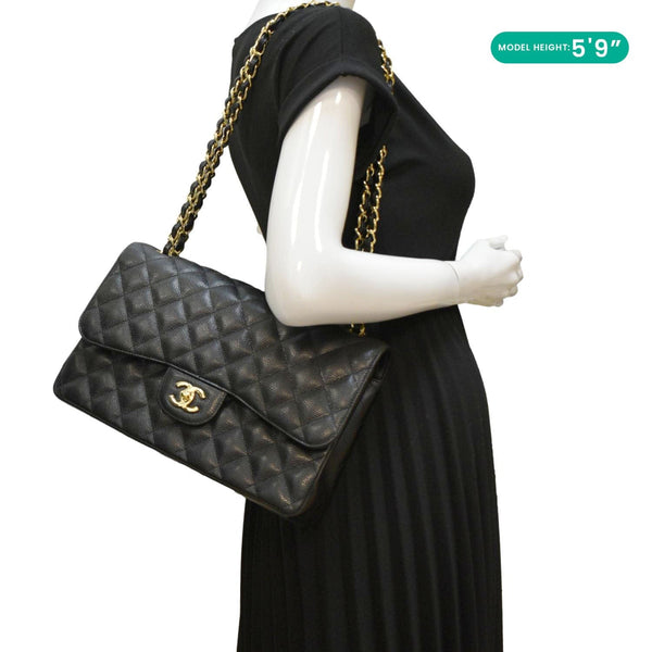 CHANEL  Classic Double Flap Jumbo Quilted Caviar Leather Shoulder Bag Black