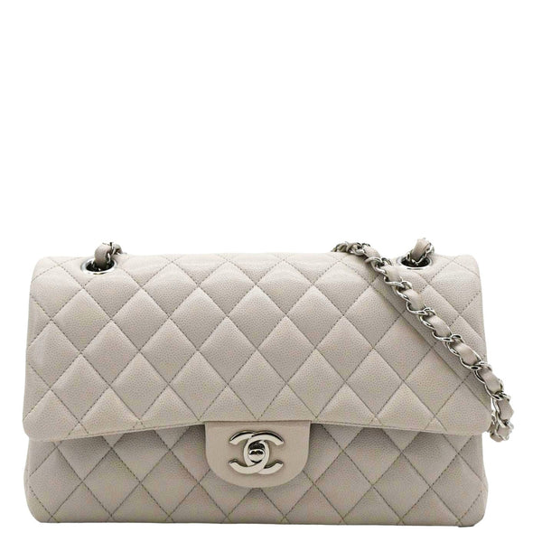 CHANEL Classic Double Flap Medium Quilted Caviar Leather Shoulder Bag White front look