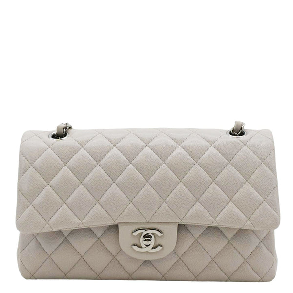 CHANEL Classic Double Flap Medium Quilted Caviar Leather Shoulder Bag White front side