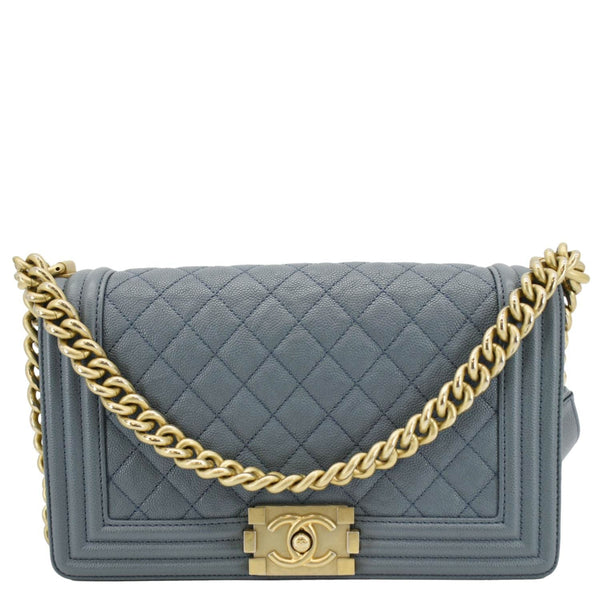 CHANEL Boy Flap Medium Caviar Quilted Leather Shoulder Bag Blue