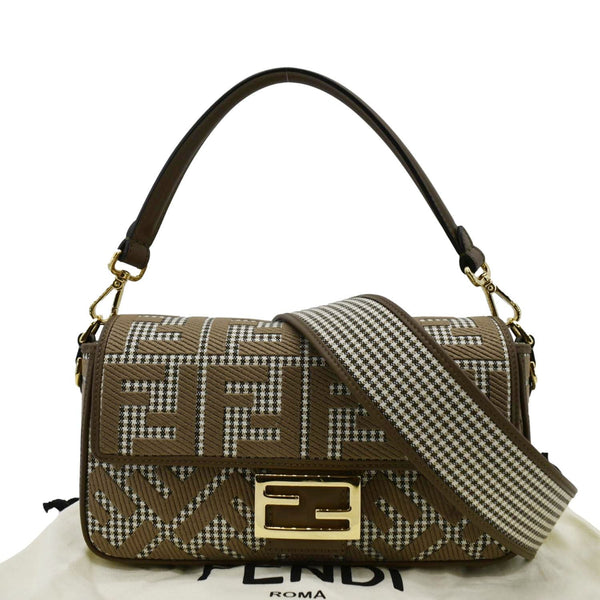 FENDI Houndstooth Baguette Zucca Wool Medium Shoulder Bag Olive front side