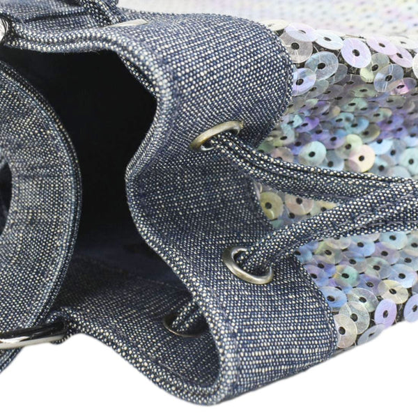 CHANEL Sequin Denim Small Drawstring Bucket Bag Blue