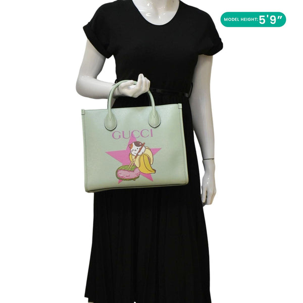 GUCCI Bananya Print Small Leater Tote Bag Green 659983