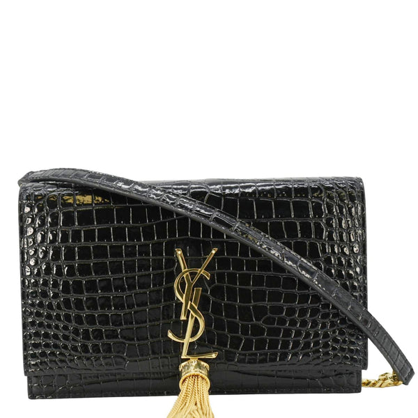 YVES SAINT LAURENT Crocodile Embossed Leather Black Crossbody Bag front