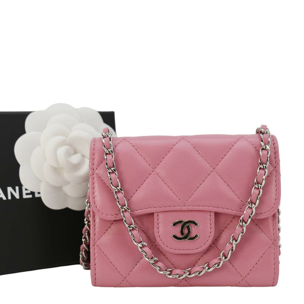 Chanel Classic Mini Flap Card Quilted Lambskin Leather Holder On Chain Pink