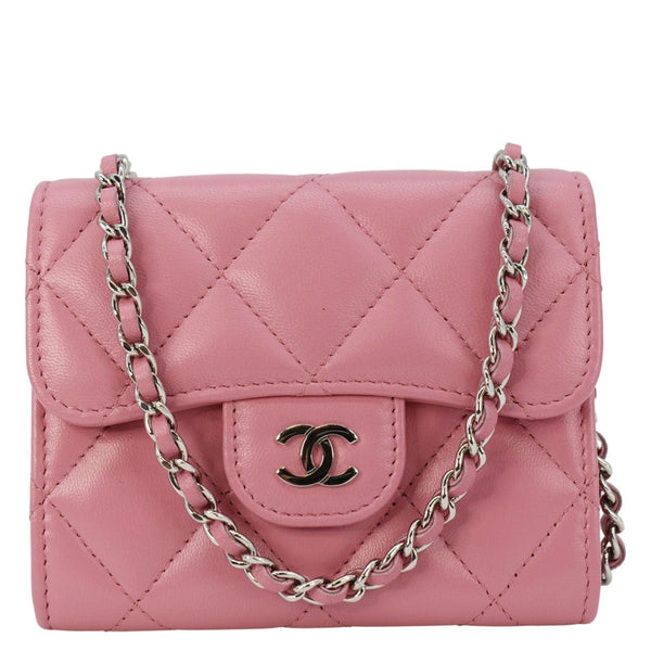 Chanel Classic Mini Flap Card Quilted Lambskin Leather Holder On Chain Pink