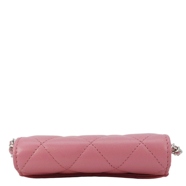 Chanel Classic Mini Flap Card Quilted Lambskin Leather Holder On Chain Pink