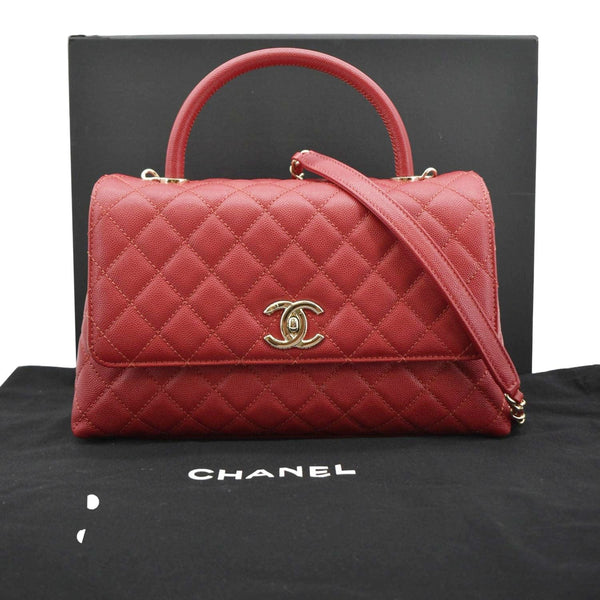 CHANEL CC Coco Caviar Leather Top Handle Flap Shoulder Bag Red