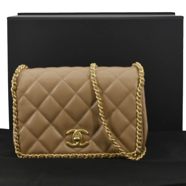 CHANEL Chain Around Flap Quilted Leather Crossbody Bag Beige