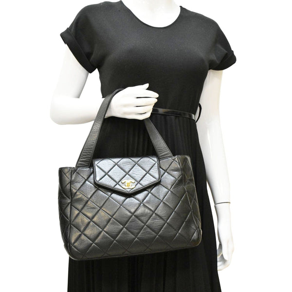 CHANEL Classic Flap Vintage Quilted Leather Tote Bag Black dummy look