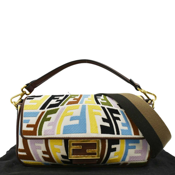 FENDI Fish Eye Baguette FF Embroidered Canvas Shoulder Bag Multicolor