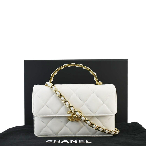 CHANEL Top Handle Flap Quilted Leather Shoulder Bag White