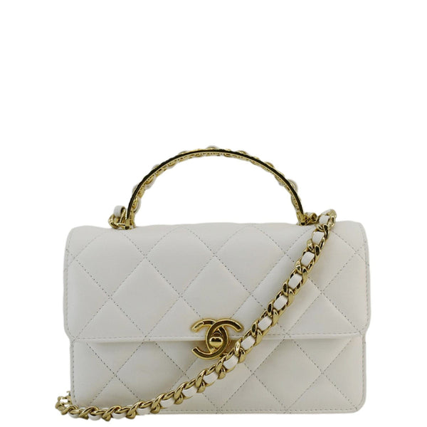 CHANEL Top Handle Flap Quilted Leather Shoulder Bag White