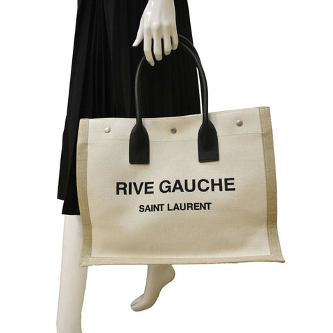 YVES SAINT LAURENT Rive Gauche Small Linen Leather Tote Griege