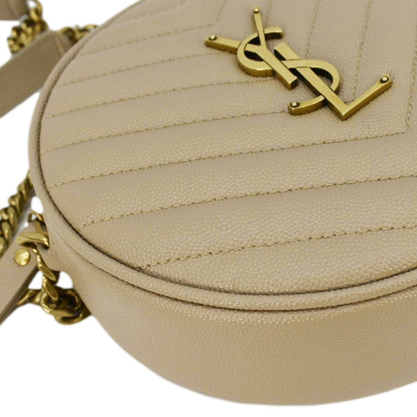 YVES SAINT LAURENT Vinyle Round Chevron Leather Camera Crossbody Bag Beige