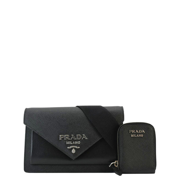 PRADA City Envelope Mini Saffiano Leather Crossbody Bag Black