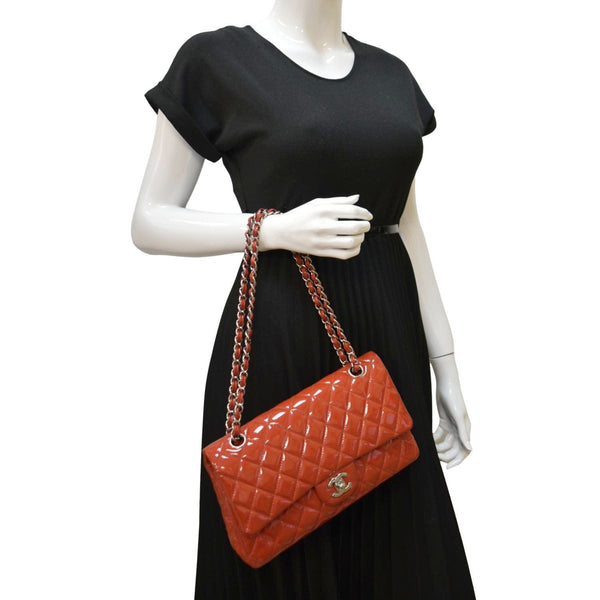 CHANEL Jumbo Flap Quilted Patent Leather Shoulder Bag Red