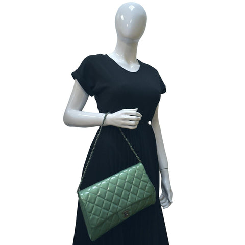 CHANEL Flap Quilted Patent Leather Shoulder Bag Green