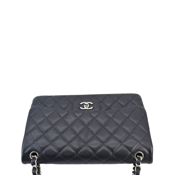 CHANEL Classic Jumbo Double Flap Quilted Caviar Leather Shoulder Bag Navy Blue