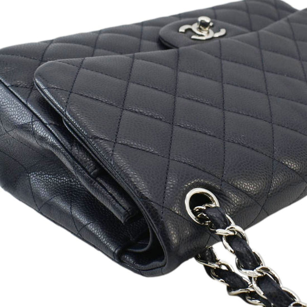 CHANEL Classic Jumbo Double Flap Quilted Caviar Leather Shoulder Bag Navy Blue