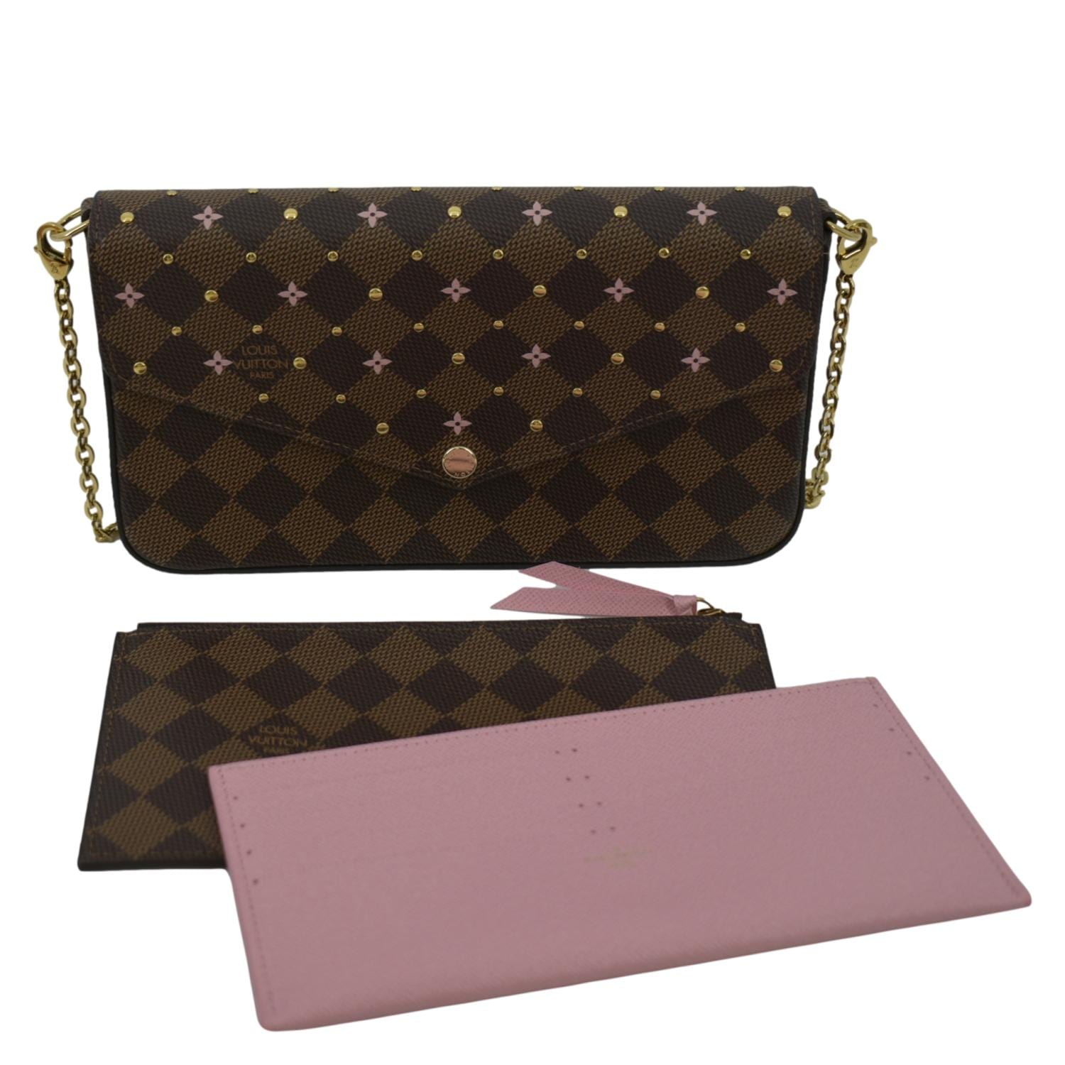 LOUIS VUITTON Damier Ebene Studded Pochette Felicie Chain Wallet