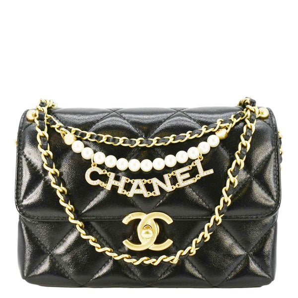 CHANEL CC Pearl Quilted Leather Chain Crossbody Bag Black