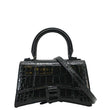 BALENCIAGA Small Hourglass Crocodile Embossed Top Handle Shoulder Bag Black