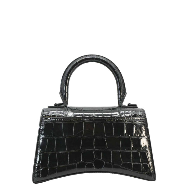 BALENCIAGA Small Hourglass Crocodile Embossed Top Handle Shoulder Bag Black