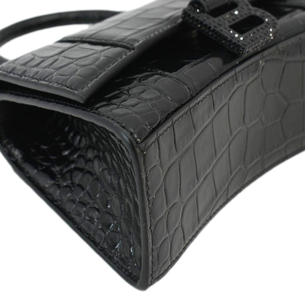 BALENCIAGA Small Hourglass Crocodile Embossed Top Handle Shoulder Bag Black