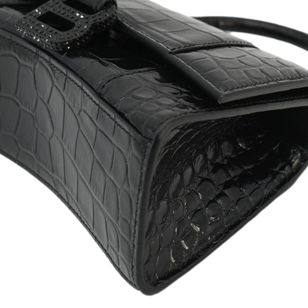 BALENCIAGA Small Hourglass Crocodile Embossed Top Handle Shoulder Bag Black