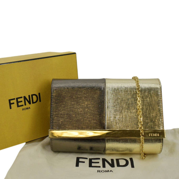 FENDI Mini Rush Saffiano Leather Chain Shoulder Wallet Metallic Gold