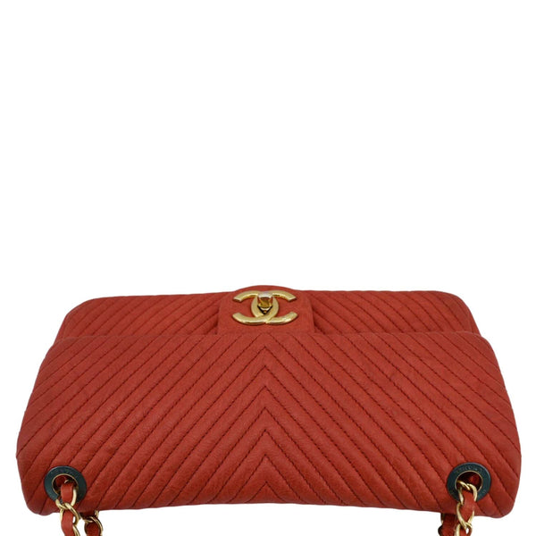 CHANEL Medallion Charm Flap Medium Wrinkled Chevron Leather Crossbody Bag Red