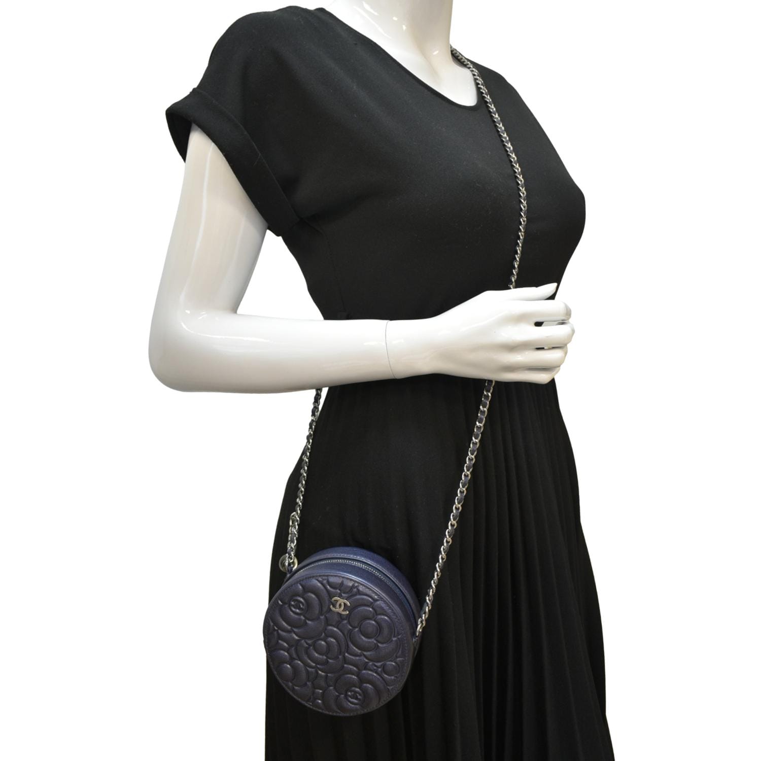 CHANEL Camellia Round Goatskin Leather Crossbody Bag Dark Blue