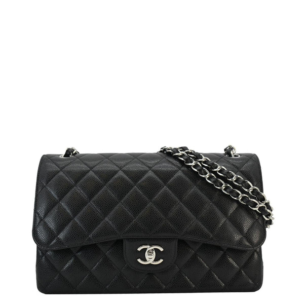 CHANEL Classic Jumbo Double Flap Quilted Caviar Leather Shoulder Bag Black