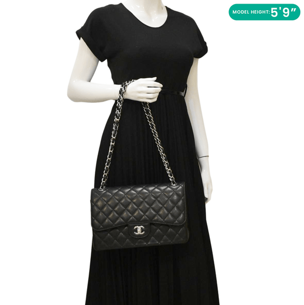 CHANEL Classic Jumbo Double Flap Quilted Caviar Leather Shoulder Bag Black