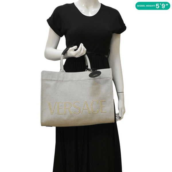 VERSACE Logo Fabric Canvas Tote Shoulder Bag White