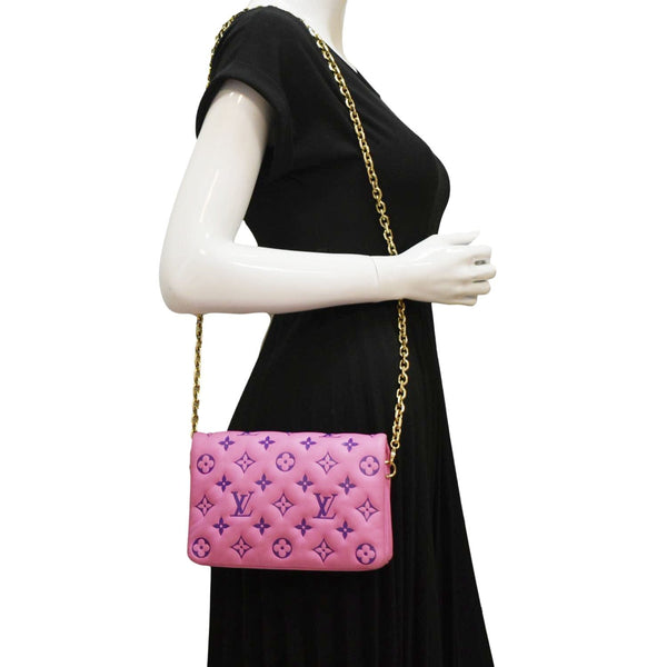 LOUIS VUITTON Coussin Pochette Monogram Embossed Leather Crossbody Bag Pink dummy look