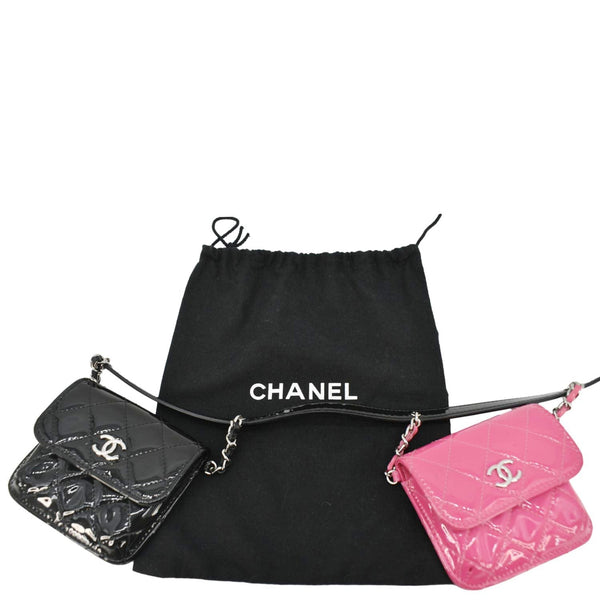 CHANEL CC Double Mini Flap Patent Quilted Leather Chain Waist Bag Black Pink