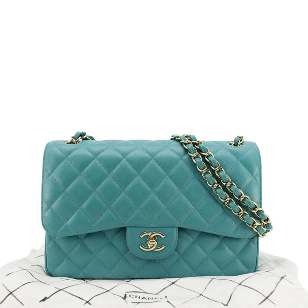 CHANEL Classic Double Flap Jumbo Quilted Caviar Leather Shoulder Bag Turquoise