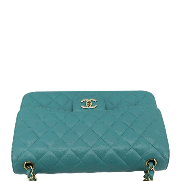 CHANEL Classic Double Flap Jumbo Quilted Caviar Leather Shoulder Bag Turquoise